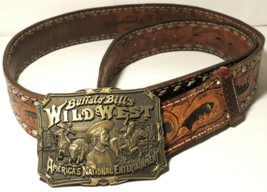 Buffalo Bill&#39;s Wild West Brass Belt Buckle on Brown Leather Belt Bill Size 38 - £34.54 GBP