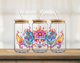 3 Sugar Skulls &amp; Flames | UV DTF 16oz Glass Can - $75.62 MXN