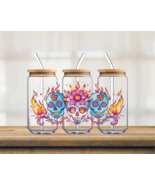 3 Sugar Skulls &amp; Flames | UV DTF 16oz Glass Can - $5.47 CAD