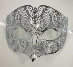 Silver Male Diamond Crystal Laser Venetian Masquerade Metal Filigree Mask Men - £9.63 GBP