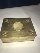 Chinese Carved Jade Brass Trinket Jewelry Box Cedar Wood 1.5” X 3.25” X 4.25” - £56.05 GBP