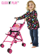 Umbrella Baby Doll Stroller Hot Pink Black Handles Toys Pretend Play Girls Dolls - £21.83 GBP