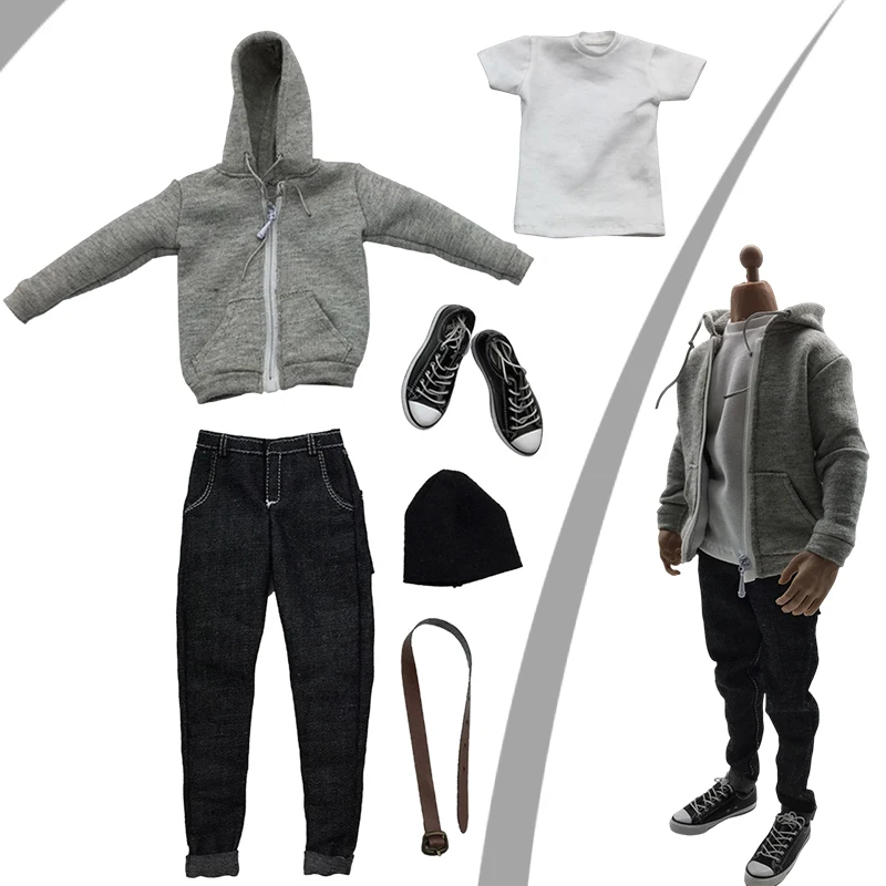 1:6 Men&#39;s Outfits Gray Hoodie T-shirt Jeans Belt Hat Shoes Set for 12&#39;&#39; Action - £25.50 GBP+
