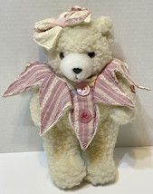Vintage Plush Puffy Jointed Cream Bear with Handmade Collar and Bow Buttons 10&quot; - £11.61 GBP