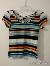 Derek Heart Juniors Blue Multicolor Striped Short Sleeve Strappy Back Top S 192 - £5.59 GBP