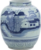 Jar Vase Mountain Village Landscape Blue White Ceramic Handmade Han - £390.35 GBP