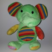 Emerald Toy Green Elephant Plush Lovey 12&quot; Stuffed Toy Knit Stripes Orange Blue - £16.78 GBP