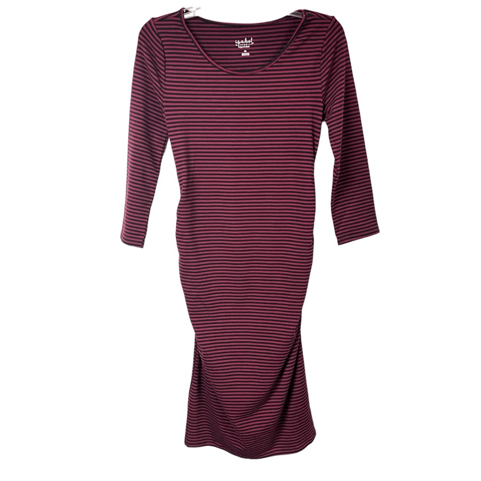 Isabel Maternity Midi Dress Burgundy Black Stripe Medium NEW Mom to Be Stretch