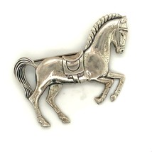 Vintage Signed Sterling Silver Handmade 3D Etched Cowboy Horse Ride Brooch Pin - £35.61 GBP