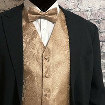 Mocha Tan Paisley Vest Waistcoat &amp; Bow tie Formal Wedding Prom Tuxedo  2pcs Set - £21.25 GBP+