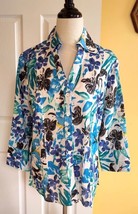 HARVE BENARD Cool Blue/White Floral Print 3/4 Sleeve Linen Blend Shirt (... - £15.28 GBP
