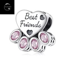 Genuine Sterling Silver 925 Best Friends Dog Cat Paw Love Heart Pink Bead Charm - £16.75 GBP