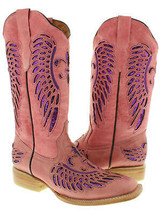 Womens Western Wear Boots Pink Leather Purple Sequins Inlay Wings Square Toe - $97.00