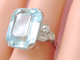 Art Deco 12 Ct Emerald Cut Aquamarine .25ctw Diamond Platinum Cocktail Ring 1930 - $3,167.01