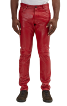 Men Leather Pants Red Trousers Slim Fit Biker Men&#39;s Jeans Style Pant MP003 - $117.50