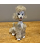 Vintage White Porcelain Poodle Dog Figurine with Fur rhinestone eyes 7.5” - $39.59