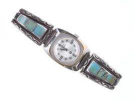 Vintage Ladies Sterling/Turquoise Native American watch bracelet with Bulova Acc - £114.74 GBP