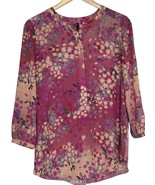 NYDJ Blouse Womens Size M Pink Floral Popover Henley Top 3/4 Sleeve Femi... - $24.58