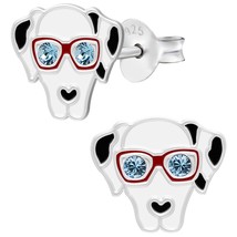 Dog with Sunglasses 925 Silver Stud Earrings with Aqua Crystals - £11.37 GBP