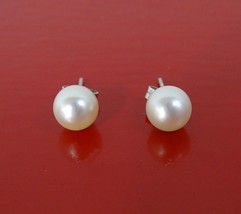 Akoya White Pearl Stud Push Back Stud Earrings 14k White Gold 8 mm - £97.09 GBP