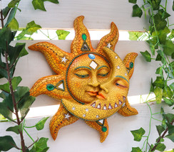 Ebros Orange Mosaic Face Sun with Yellow Mosaic Moon, 13&quot;H Wall Plaque D... - $31.99