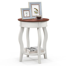 2-Tier Round End Table with Storage Shelf and Solid Rubber Wood Legs-Walnut &amp; W - £88.23 GBP