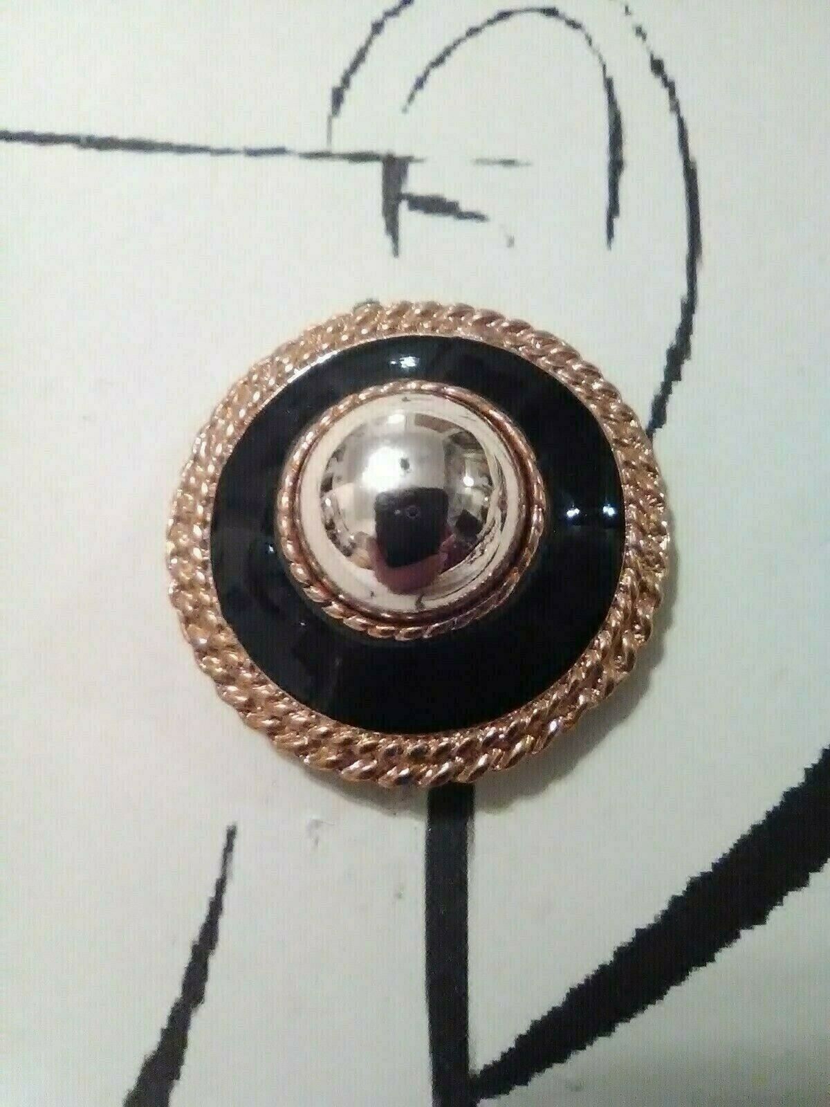 Primary image for VINTAGE FASHION CLIP EARRINGS GOLDEN BUTTON BLACK ENAMEL CHAIN ACCENT
