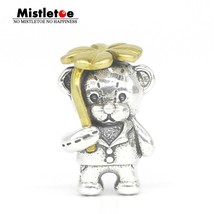 925 Sterling Silver &amp; Bronze Lucky Clover Suit Man Bear Charm Bead Fit European  - £41.06 GBP