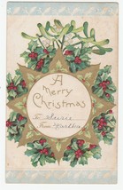 Vintage Postcard Christmas Holly Gold Star Mistletoe 1908 Embossed - £6.29 GBP