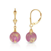 8 mm Ball Shaped Pink Fire Opal Leverback Dangle Earrings 14K Solid Yell... - £80.39 GBP