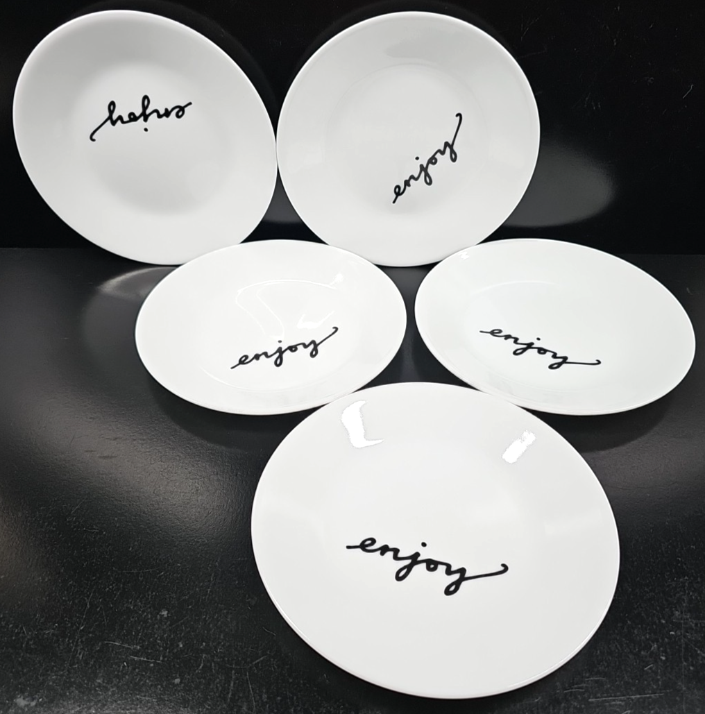 5 Corelle Celebrations Enjoy Appetizer Plates Set Corning Black White Di... - $59.07