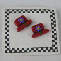 Red Hat Society Wood Wooden Hat Shaped Pierced Earings Red Purple Flowers - £4.78 GBP