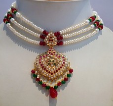 Bollywood Style Ruby Emerald Pearls Set Necklace 22K Yellow Gold Fabulous Design - £2,479.69 GBP