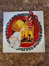 Jasco Christmas Ceramic Footed Tile Trivet Boy In Pajamas Fireplace Vtg 1981Flaw - £2.63 GBP