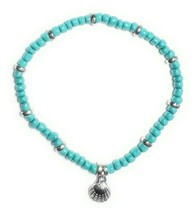 Teal Bead Stretchy Anklet with Silver Alloy Seashell Charm - €7,47 EUR