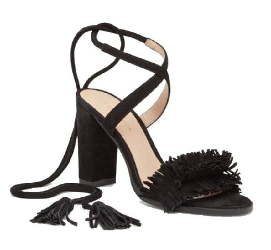 $175 Pelle Moda Faye Heel Suede Sandal 5 1/2 Black 5.5 Fringe 3 1/2 Heel... - $78.21