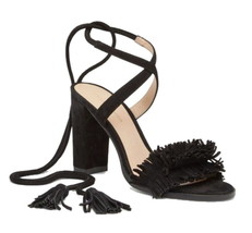 $175 Pelle Moda Faye Heel Suede Sandal 5 1/2 Black 5.5 Fringe 3 1/2 Heel... - $78.21