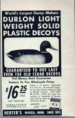 Primary image for 1956 Print Ad Herter's Durlon Solid Plastic Duck Decoys Waseca,MN