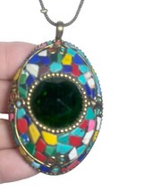 Vtg Micro Mosaic Glass Tiles Pendant Necklace Brass Chain 43g~GreenFaceted Stone - £35.37 GBP