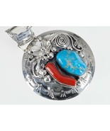 Leo Nez Navajo Turquoise &amp; Red Coral Sterling Silver Round Pendant 36.3gr - $871.34 CAD