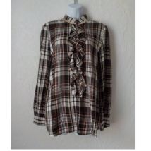 NWT Chicos Size 1 (8/10) Brown Plaid Blouse Ruffles Neck Button Up Long Sleeves - £15.56 GBP