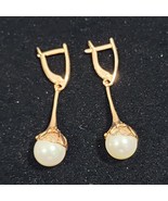 Faux Pearl 1&quot; Drop Rose Gold Tone Pierced Omega Earrings - $26.72 CAD