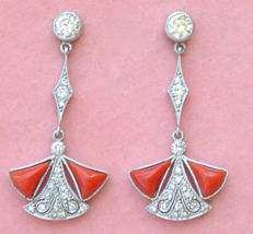 Estate Art Deco 1.06ctw Diamond Coral Platinum Stud Dangle Cocktail Earrings - £1,658.52 GBP