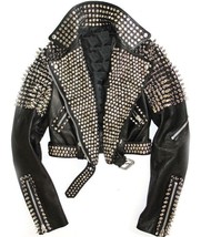 New Long Studded Spiked Jacket Handmade Women Black Leather Rock Punk Studs and  - £177.95 GBP