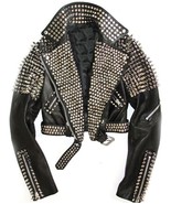 New Long Studded Spiked Jacket Handmade Women Black Leather Rock Punk St... - £179.62 GBP