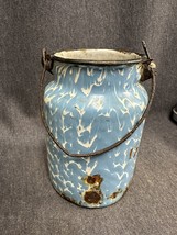 Antique Graniteware Enamelware Metal Blue &amp; White Swirl Cream Milk Can Pail 6” - £21.20 GBP