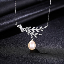 925 Sterling Silver Freshwater Pearl Pendant Necklace Female Niche Design Leaf N - £26.15 GBP
