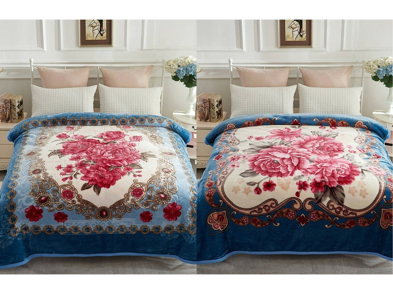 Primary image for Blue Flower - Queen Mink Blanket Korean Style Reversible Tiger Blanket