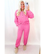 Bright Pink Raw Edge Half Buttons Pullover and Jogger Pants Set - $763.60 MXN