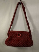 Womens Macrame Purse Woven Fiber Vtg Handmade Maroon Boho Hippy 70s Hand Bag  - £30.75 GBP